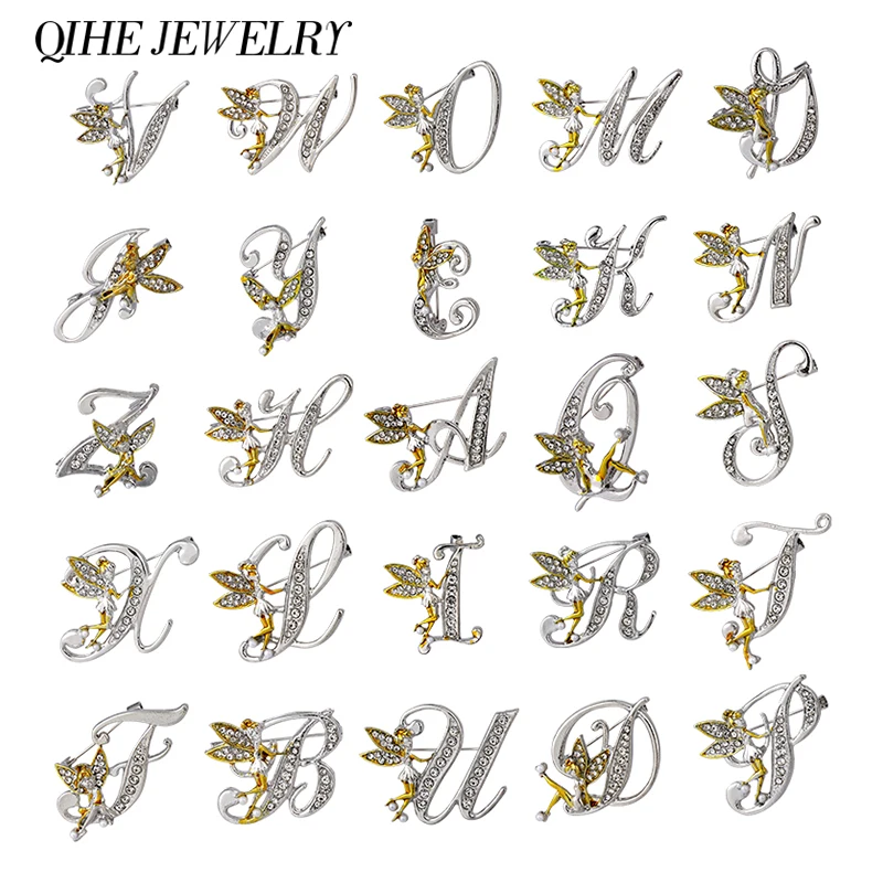 

Letter Initial Brooches For Women A-Z Alphabet with Rhinestone Flower Fairy Angle Clothing Accessories Jewelry