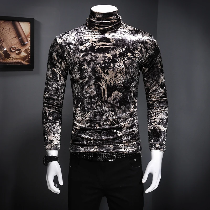 Vintage Shirts Animal Pattern High-end Luxury Long-sleeved Autumn 2020 Quality Velvet Soft Elastic T Shirt Men | Мужская одежда