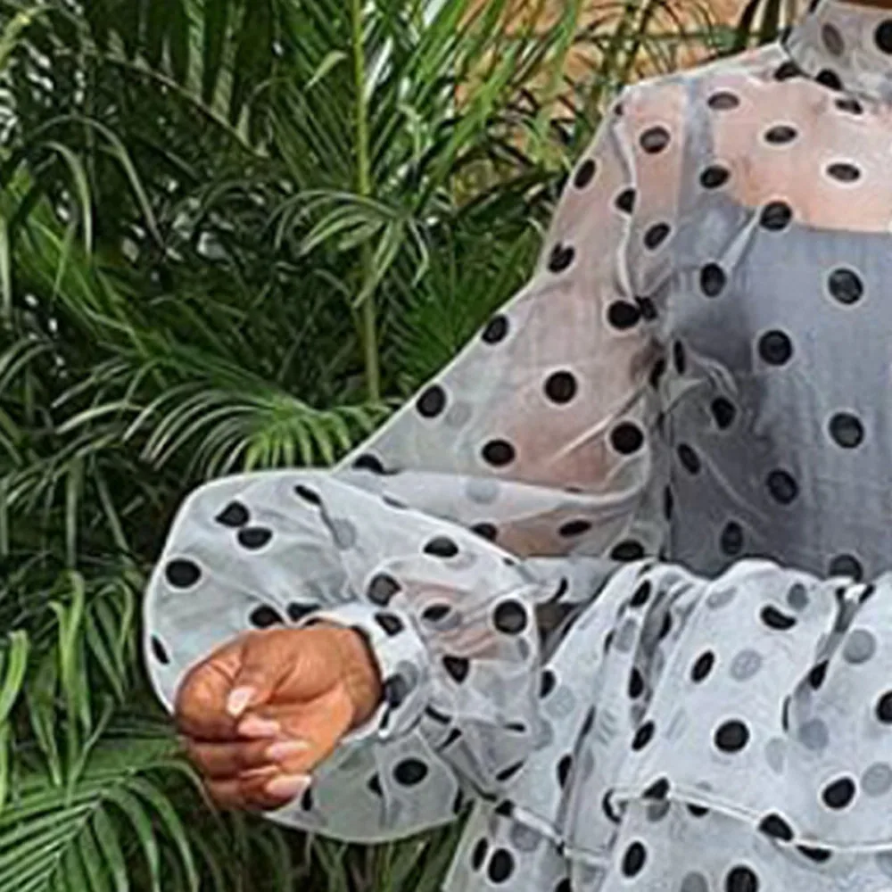 

Sexy Vintage Polka Dot See Through Plus Size Ruffle Layer Party Tutu Tulle Dresses Autumn Turtleneck Puff Sleeve Sheer Dress