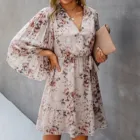 Женский сарафан-трапеция с цветочным принтом, длинным рукавом и V-образным вырезом, повседневный свободный сарафан в богемном стиле, лето 2021