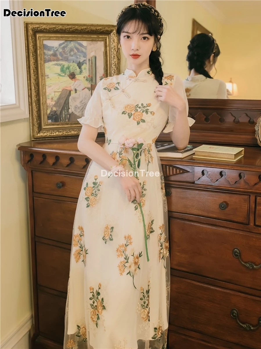 

2022 elegant lace floral cheongsam vintage mandarin collar qipao mermaid evening dress chinese dress elegant lady party dress