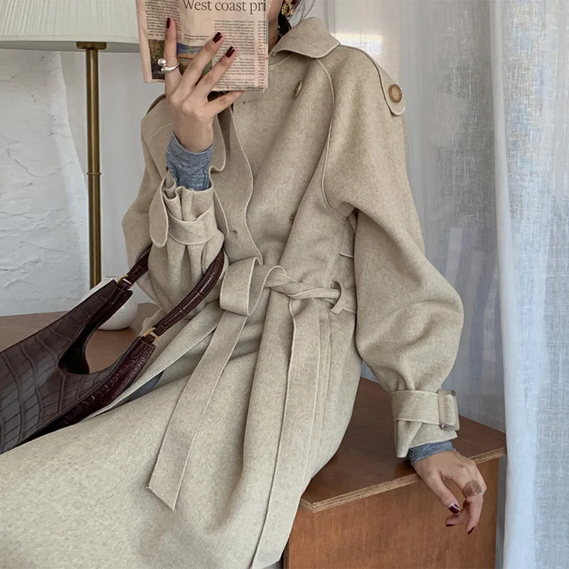 

Korea South chic qiu dong vintage lapel double-breasted coat female waist long double-sided cloth coat