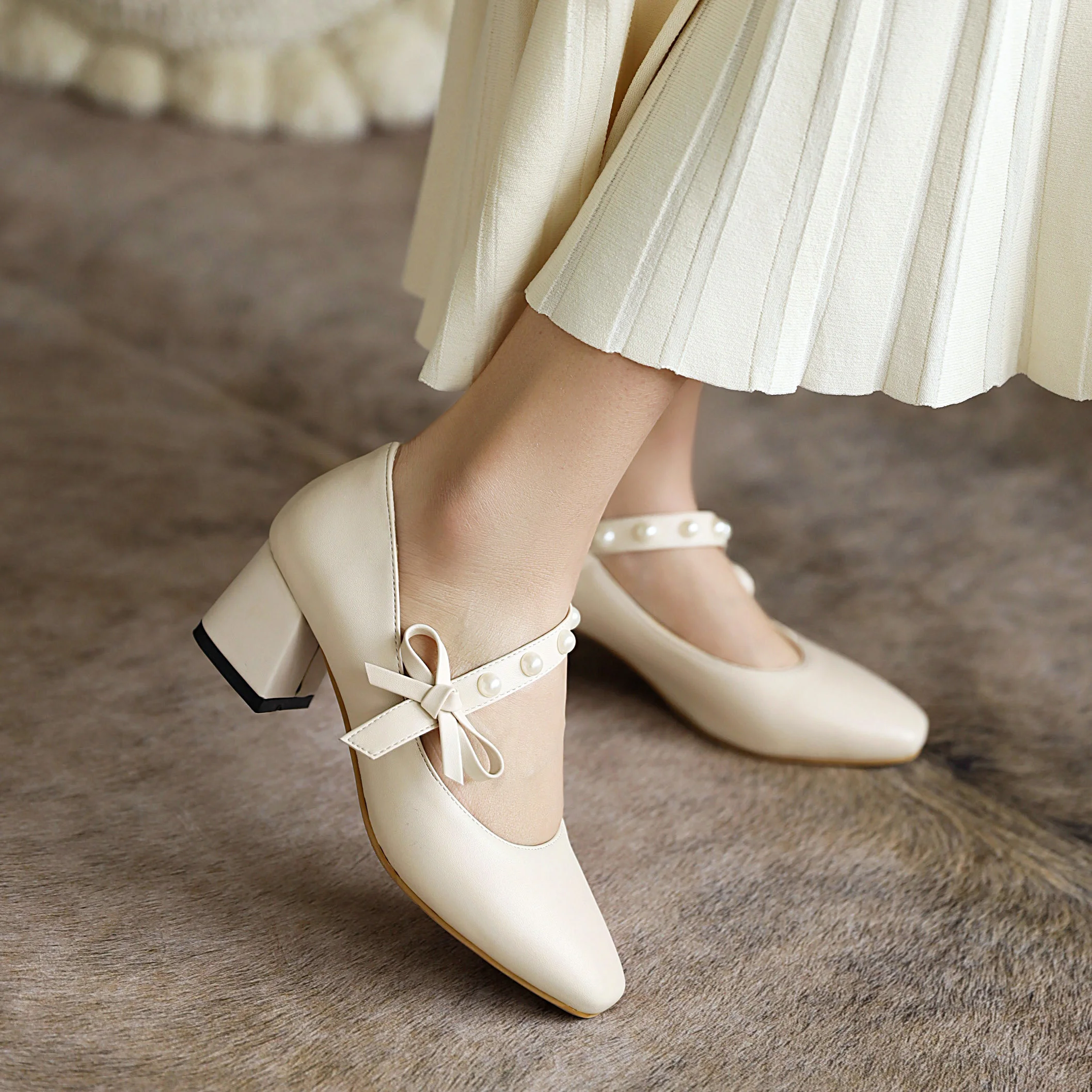 

2021 New Square Heel Pointed Toe High Heels Pure Slip-On PU Leather Sexy High Heels occident style classic zapatos de mujer