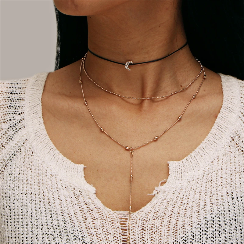 

Moon Crystal Pendant Three Layer Chain Necklace for Women Choker Stainless Steel Charm Jewelry Accessories Gift