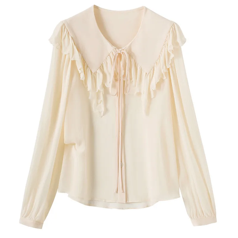 

Luxury 100% Real Silk Blouses Women Spring Designers Turn Down Collar Solid Office Shirts Femininos Blusas Loose Tops