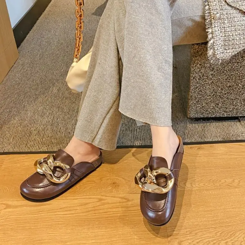 

KemeKiss New Fashion Women Real Leather Sandals Square Toe Slip On Metal Chain Solid Color Ladies Footwear Size 34-39