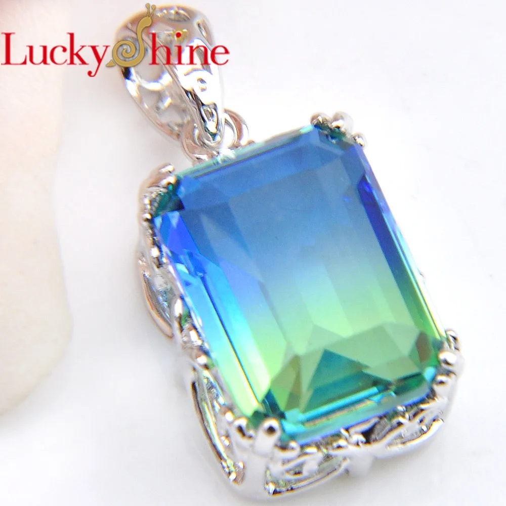 Luckyshine зеленый прямоугольник с турмалиновым кристаллом и цирконием 10*14 мм