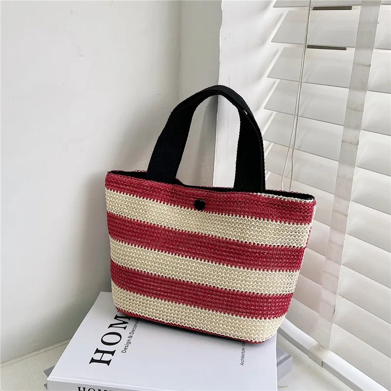 

Summer Women Woven Tote Bag Color Block Striped Straw Handbag with Magnetic Snap For Beach Vacation