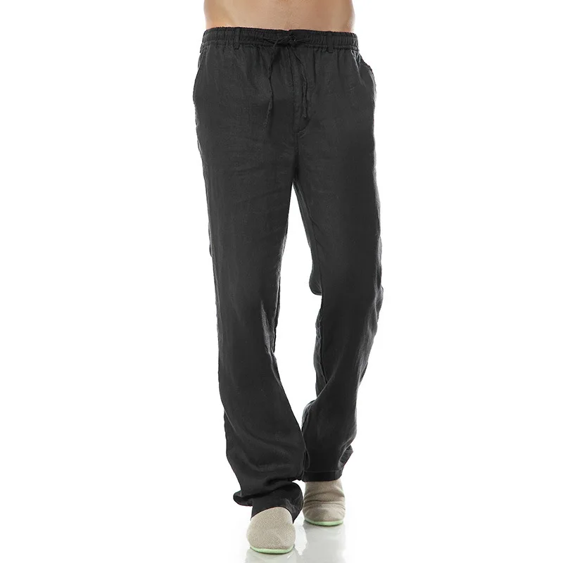 

060 linen casual pants men's loose medium waist cotton hemp long pants with bulky summer thin elastic waist