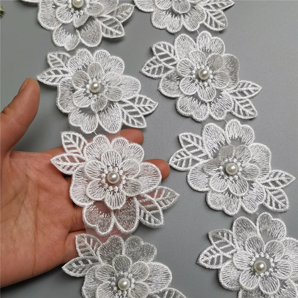 10 шт. белый цветок с жемчугом вышитая кружевная отделка по краям лента ткань в