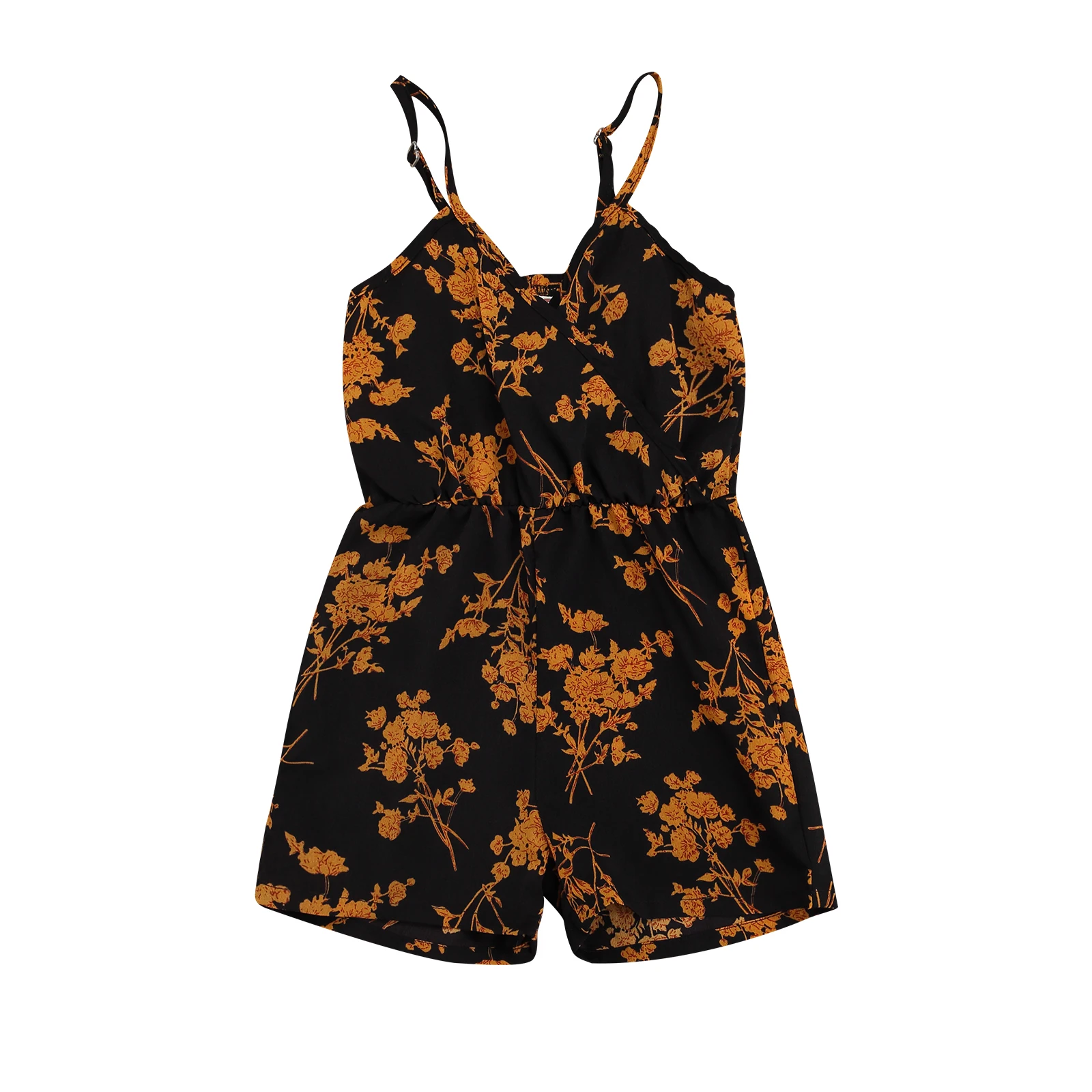 

Toddler Summer Sleeveless Romper, Girls Casual Plant Print V-neck Spaghetti Strap Playsuit