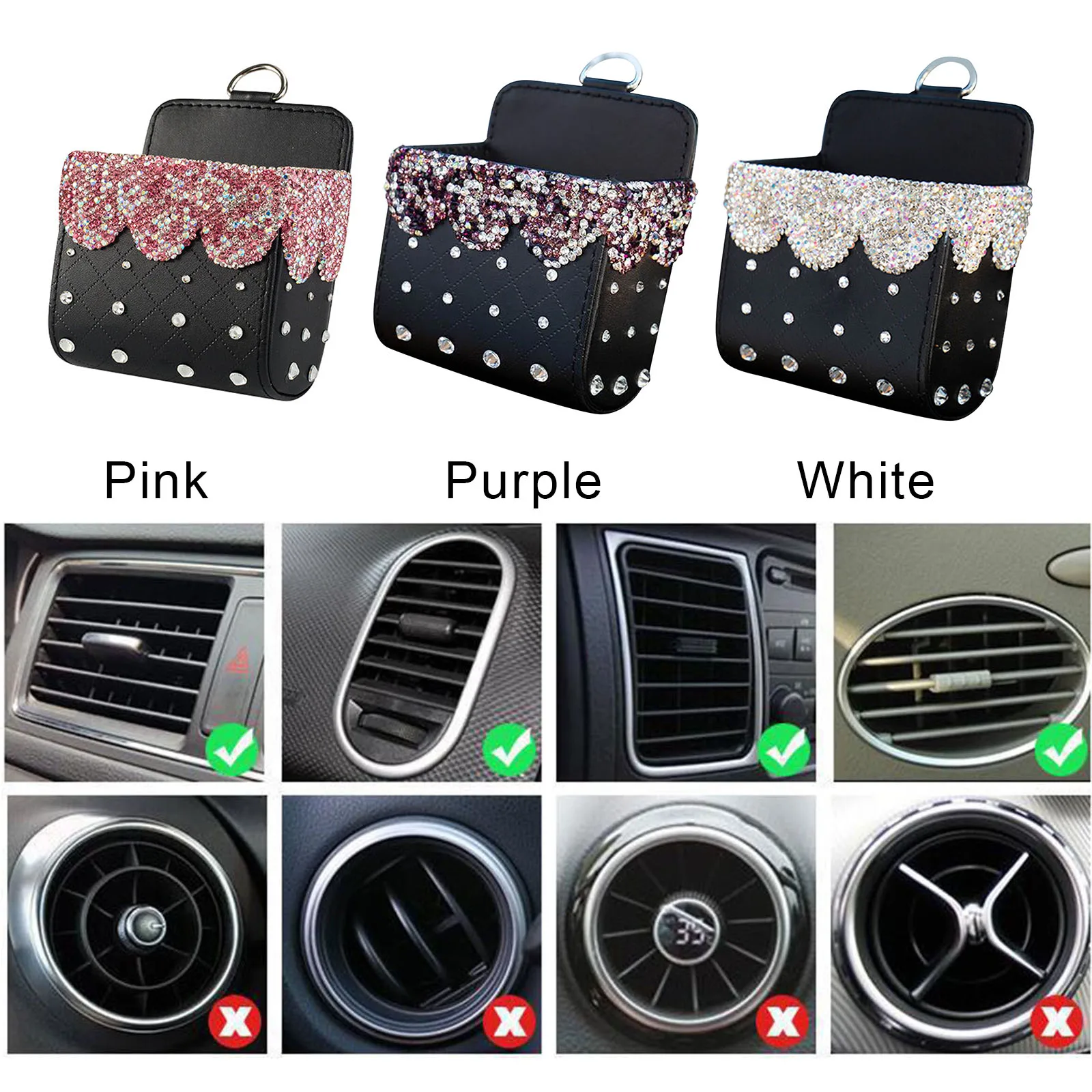 

Newly Car Stowing Tidying Organizer Shiny Crystals Vent Air Outlet Pocket Holder Mini Cellphone Storage Bag