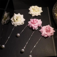 fyuan spring red pink white rose velvet drop earrings long ear line pearl earrings for women wedding bride jewelry