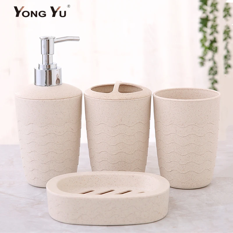 4pcsset bathroom accessories wheat straw eco friendly soap dish dispenser bottle washroom toothbrush holder cup suit free global shipping