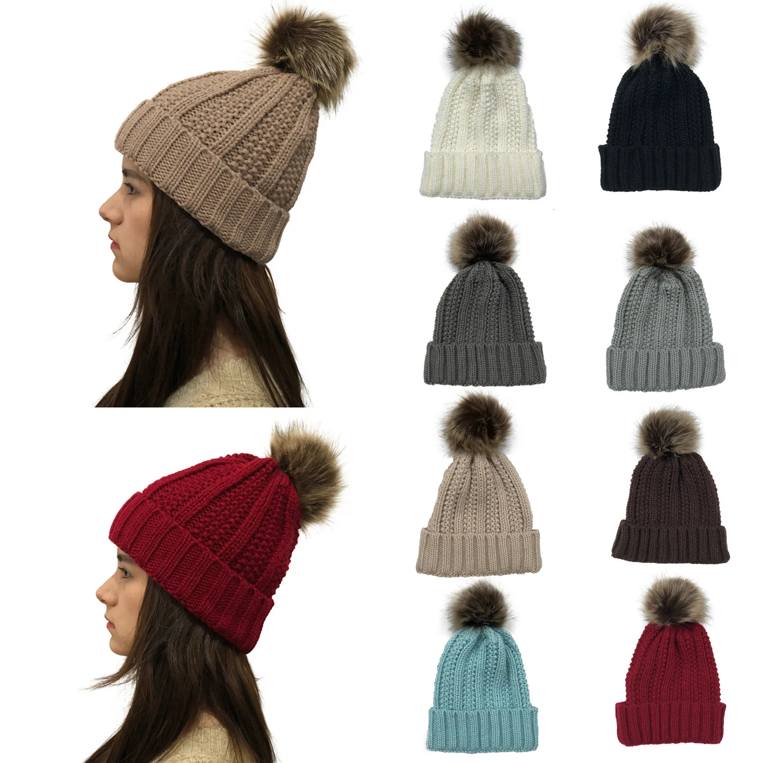 

Cuffed Beanie Hat Pompom Beanie Hats Knit Thick Ski Cap for Women Chunky Hats
