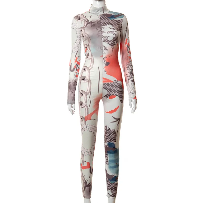 

Sexy Women Long Sleeve O Neck Digital Print Bodycon Jumpsuits Fashion Casual Femmal Clothing Party Club Streetwear 2021