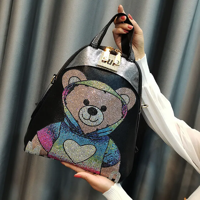 

Cute Shining Bear Print Women's Backpack Designer Mochilas Para Mujer Rhingstone Sac A Dos Luxury Brand Female Rucksack