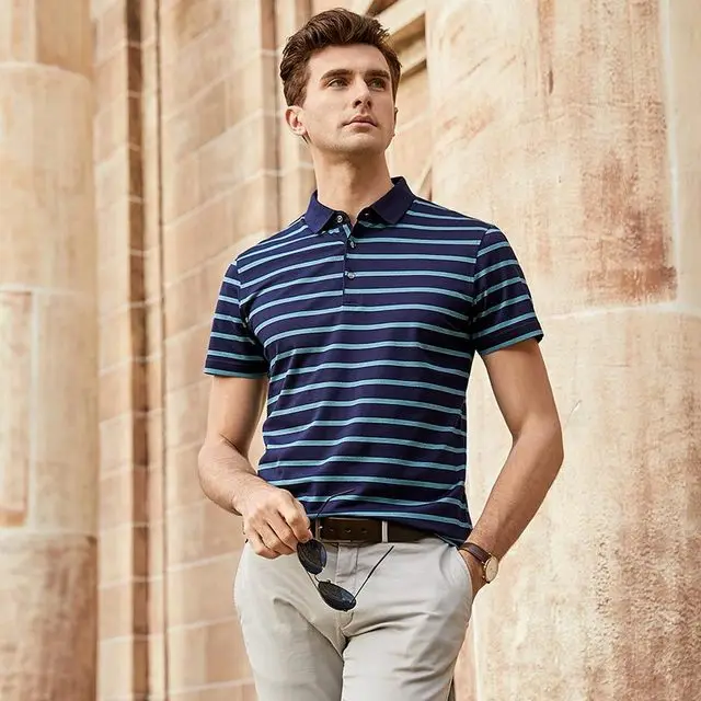 

Quality Men Mulberry T-shirt High Mens Short Sleeve Tshirt Summer Real Silk T Shirt Male Stripe Business Casual Tshirts