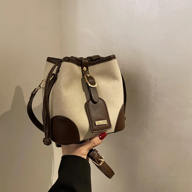 

Retro Frosted Small Bag Women's 2021 Autumn New Contrast Color Bucket Bag Fashion All-Match Shoulder Messenger Bag