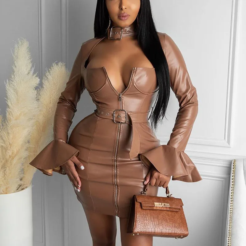 Женское облегающее платье из искусственной кожи с длинным рукавом для ночного