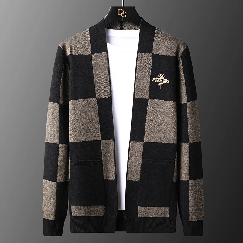 

FAKUNTN Leisure Blue Bee Mens Sweater Cardigan British Style Fall Knitted Cardigan Sweater Trend Brand Fashion Plaid Cardigan