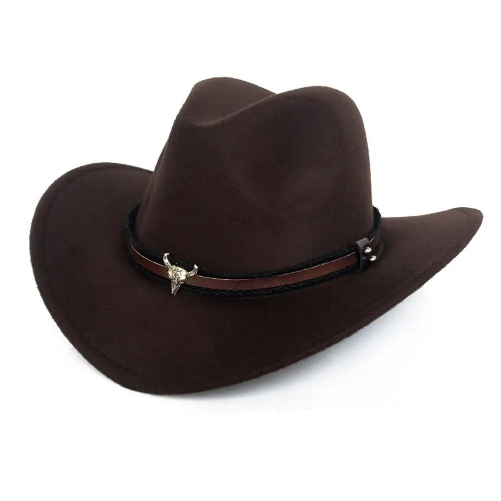 

Ox Head Unisex Western Cowboy Woolen Hat Wide Brim Fedora Jazz Cap with Strap