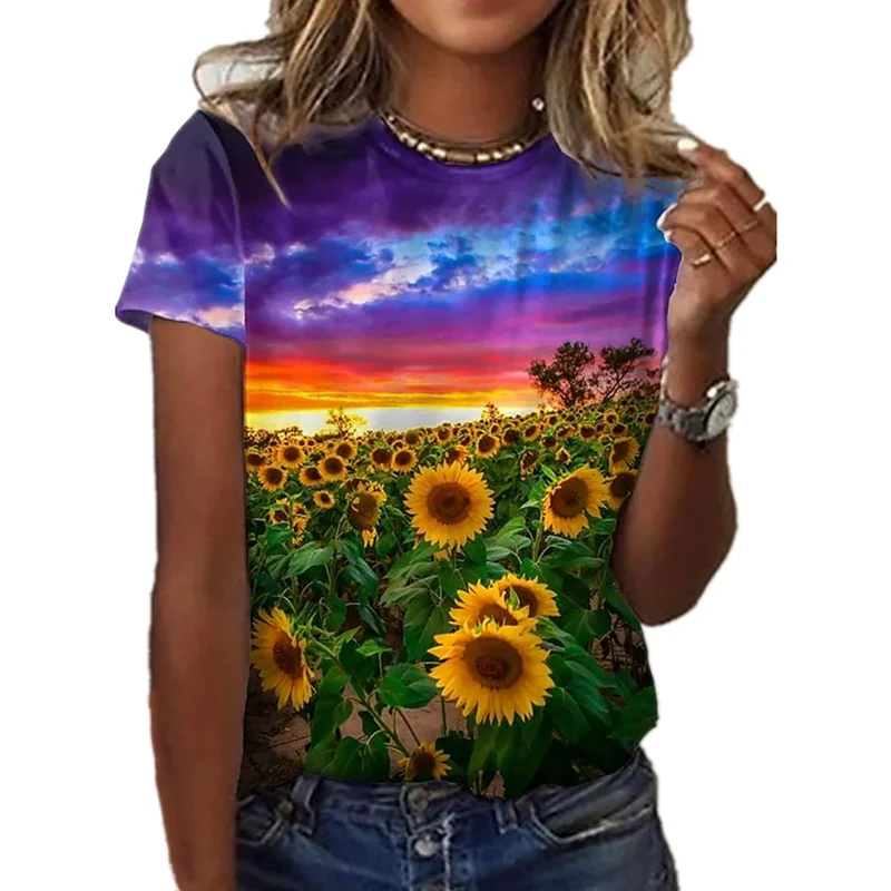 

Outdoor Streetwear Women's Cloth Top T-shirt Women's Color Sunflower Pattern Women's Short-sleeved T-shirt