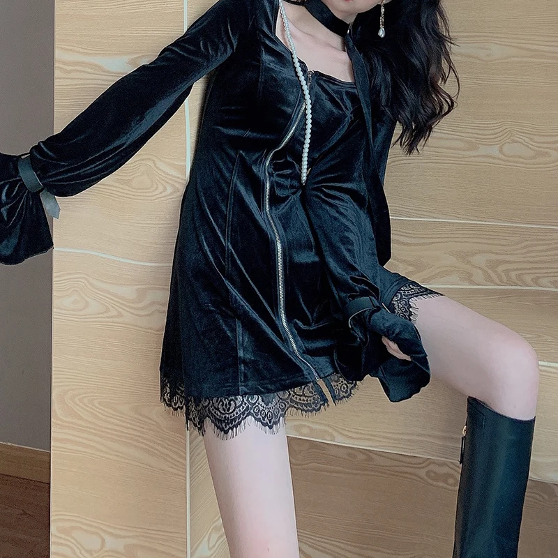 

Женское вельветовое платье Goth, вечернее праздничное платье с квадратным вырезом и длинным рукавом, на молнии, в стиле панк, на осень/зиму, 2020