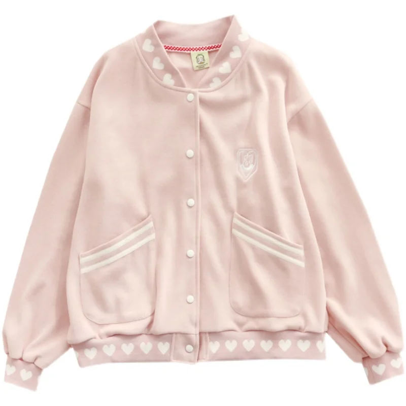 

Baseball Uniform Jacket Female Spring Japanese Soft Sister Vitality Girl Preppy Sweet Embroidery Love Stand-up collar Overcoat