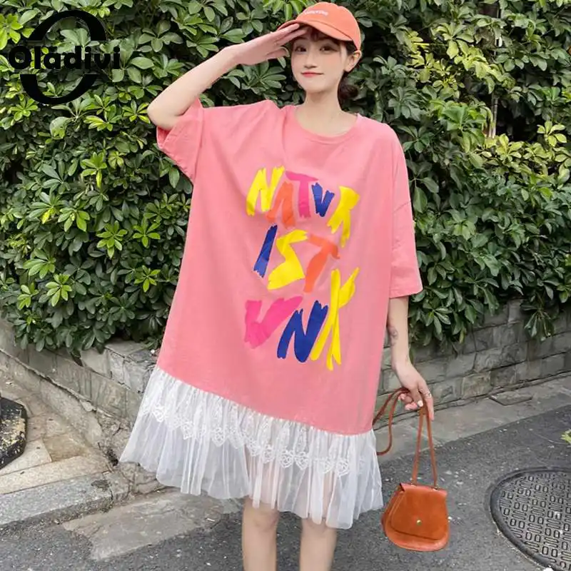 

Oladivi модное хлопковое Сетчатое платье большого размера с буквенным принтом, женское повседневное свободное короткое платье-рубашка, больша...