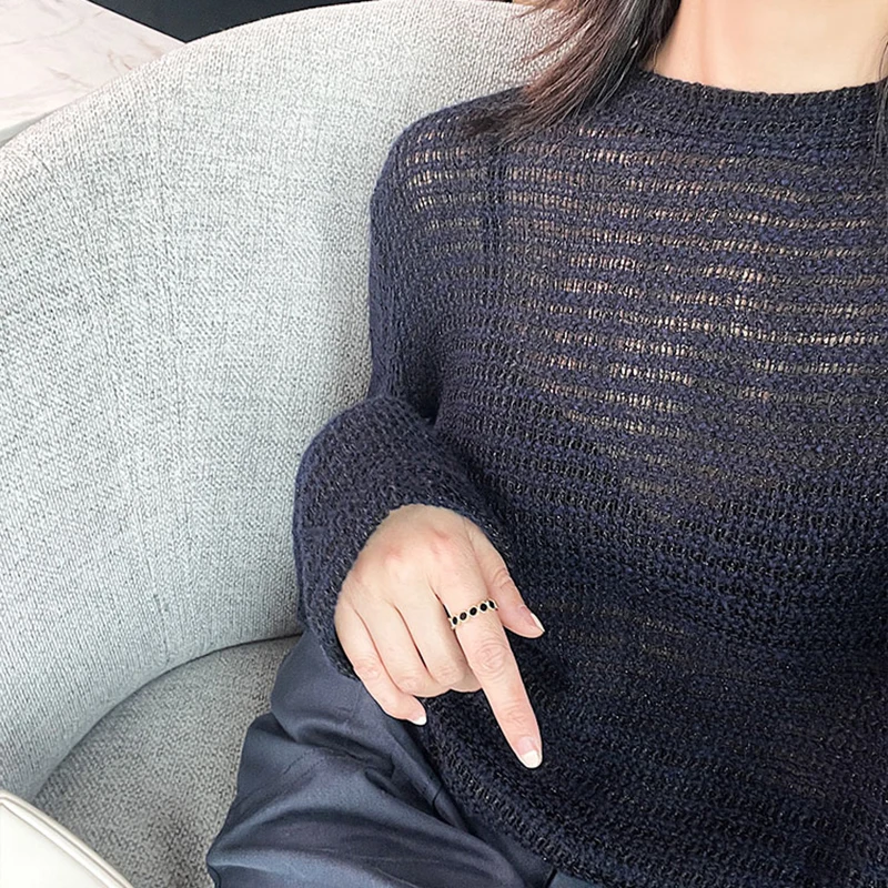 

TWOTWINSTYLE Sheer Mesh T Shirts For Female O Neck Long Sleeve Solid Color Loose Women's Casual Knitting T Shirt Fashion New