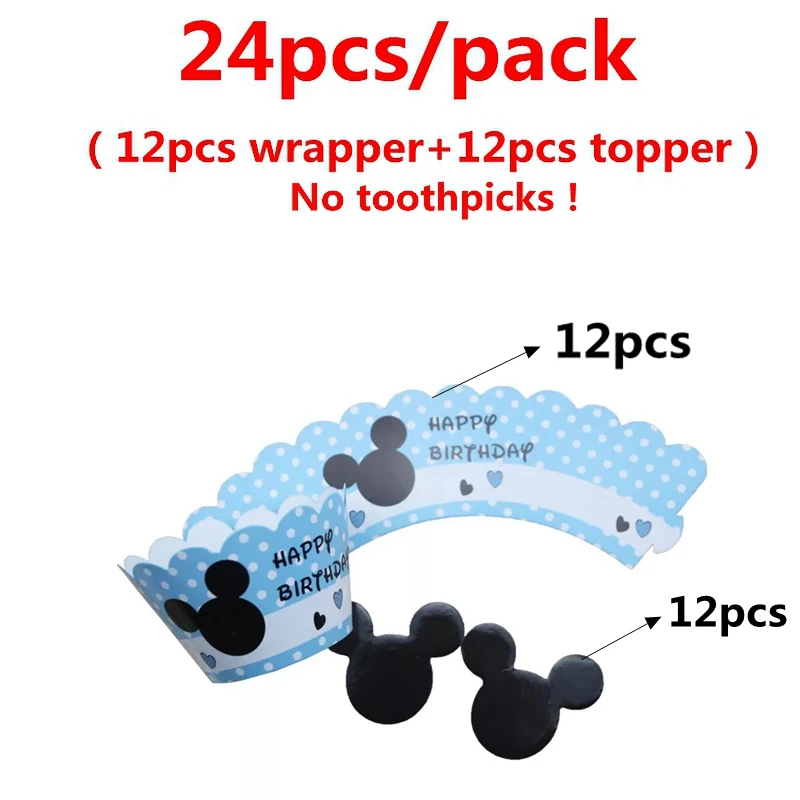 Light blue Mickey 24 шт мультфильм Микки Минни Принцесса обертки для кексов топперы дети день рождения поставки украшение для свадебного торта - Цвет: Light blue Mickey