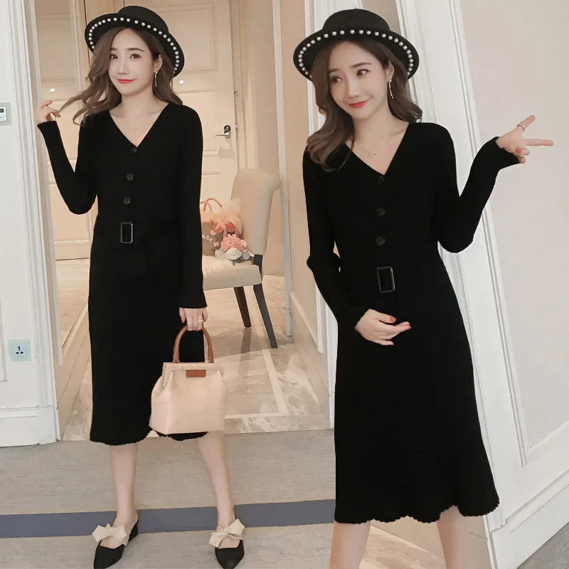 Одежда для беременных зимнее платье свитер с поясом тянущийся тонкий V-образный