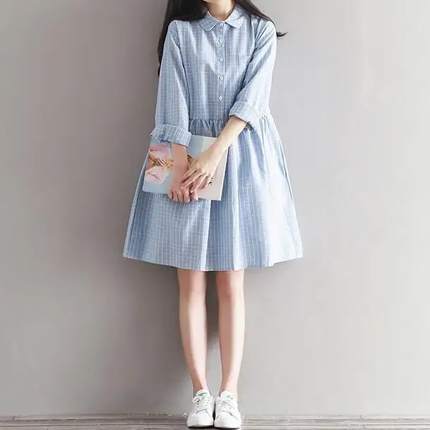 2019 Mori Girl весенне осеннее женское клетчатое платье с отложным воротником и