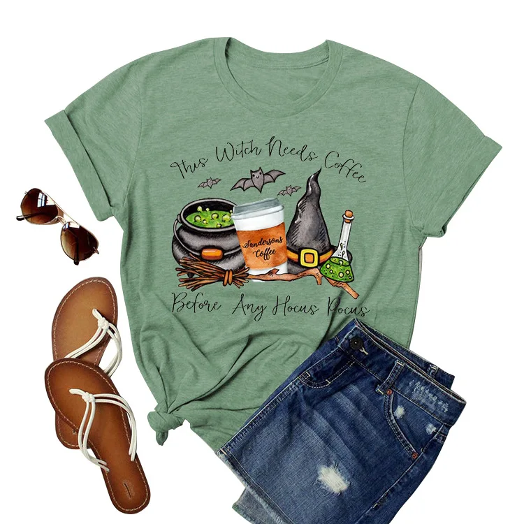 

This Witch Needs Coffee Tshirt Harajuku Vintage Women 2021 Pumpkin Tops Halloween New Autumn Print Tee Girls Gothic Print L C