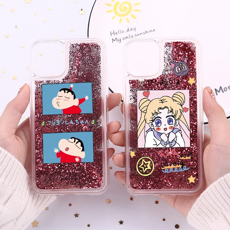 

Cherry Lovely Girls Cute Fashion Sparkle Liquid Real Glitter Phone Case Fundas For iPhone 11 12 mini Pro Max 8 7 6 6s Plus