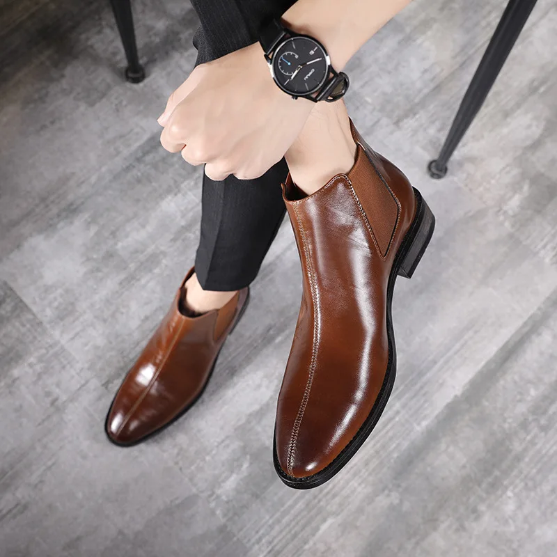 

Autumn Winter Men's Chelsea Boots Leather Casual Shoes Male British Style Slip-on Wedding Dress Short Boot For Man