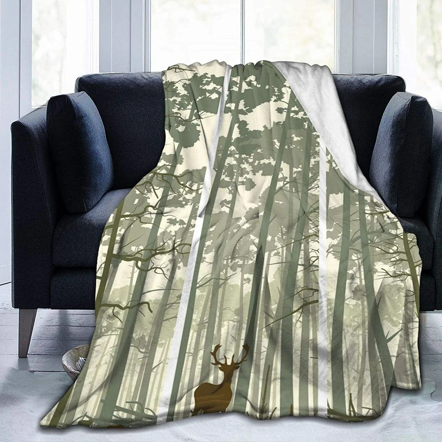 

Natural Illustrations Of Tall Trees And Lonely Deer Navajo Cubre Camara Green Throw Blanket 3D Print On Demand Sherpa Super