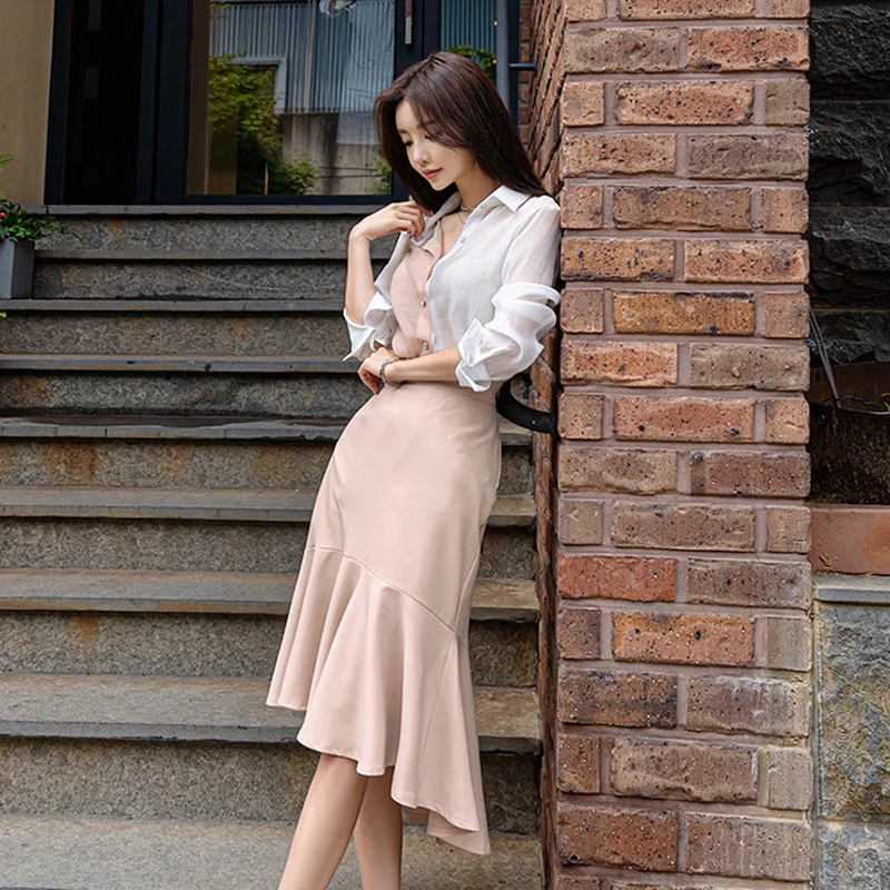 

Women 2020 Winter Elegant 2-Piece Suits Korean Long Sleeve Crop Top + Mermaid Bodycon Waist Skirt OL Set