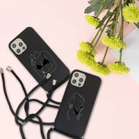 cat and sexy girl black simple art phone case for iphone 7 8 11 12 x xs xr mini pro max plus strap cord chain lanyard soft
