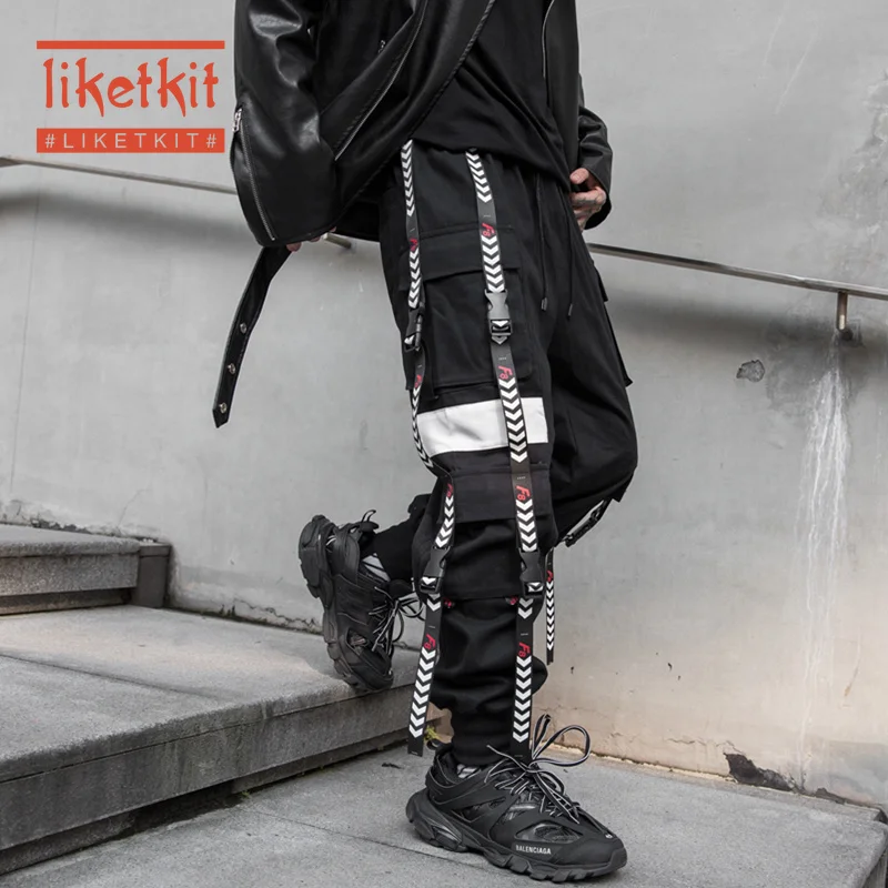 Liketkit мужские зимние брюки карго 2019 хип хоп длинные черные с лентами для бега Harajuku