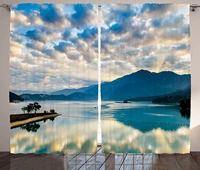 tropical window curtains surreal cloudy sky reflections on sun moon lake idyllic nature landscape living room decor bedroom sky