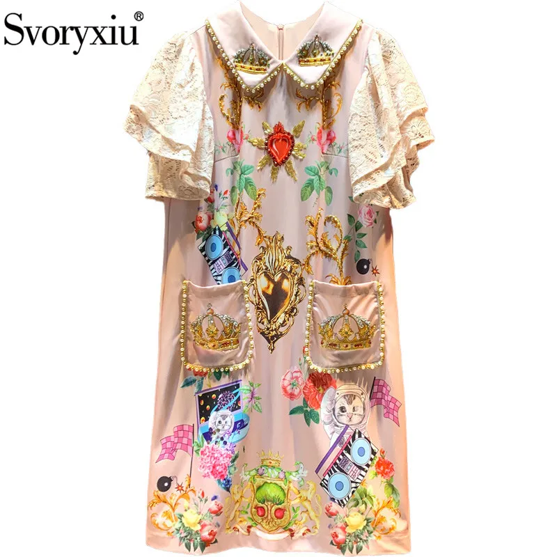

Svoryxiu Vintage Runway Autumn Party Dresses Women's Elegant Lace Short Sleeve Beaded Diamond Print Loose Fashion Short Dress