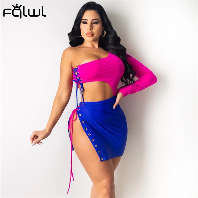

FQLWL Women One Shoulder Long Sleeve Short Top And Mini Slit Skirts Matching Sets 2021 Sexy Club Bodycon Two Piece Sets Outfits