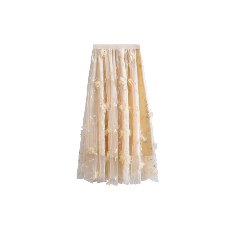 Женская сетчатая юбка с цветочной вышивкой Повседневная Длинная Однотонная