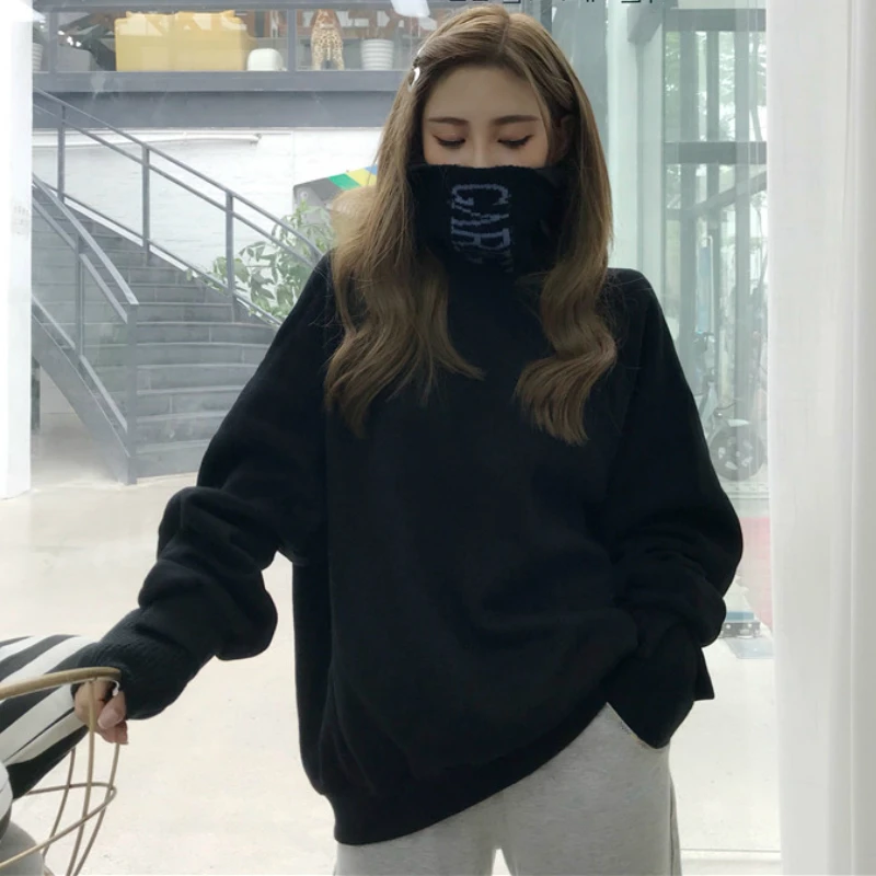 

Hoodies Women Plus Velvet Patchwork Loose 2XL Korean Style Harajuku BF Streetwear Womens Pullovers All-match Turtleneck Student