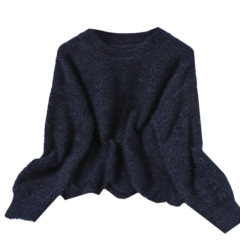 

Winter fashion wave hem Pullover crew neck sweater coat looks thin and versatile, Korean Plush bright silk knitted top