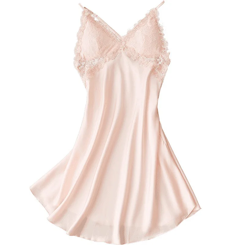 

Sleeveless Nightgown Women Satin Lace Trim Sleepdress Nightwear Loose Backless Sleepwear Short Nighty Summer Home Dressing Gown