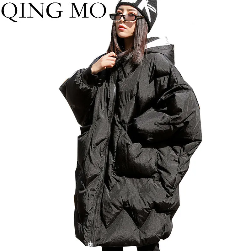 QING MO Black Woemn парка с капюшоном 2019 женские парки рукавом летучая мышь зимние