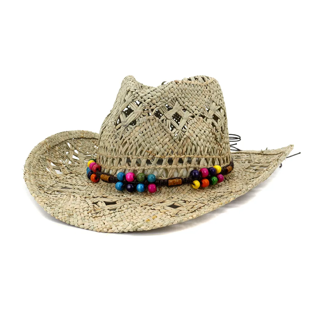 

summer hat big brim hollow sun protection straw hat natural raffia band jazz caps men outdoor beach western cowboy panama hats
